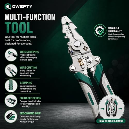 Image of QWEPTY 21-in-1 Multifunctional Stainless Steel Wire Cutter Foldable Wire Stripper Crimper Cable Cutter Pliers Non slip Grip for Cutting Electrical Stripping Tool Crimping Tool [LED Voltage Tester Pen]
