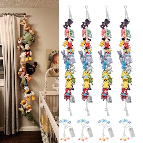 Image of 80 inch 4 Pack Cotton Hanging Storage Chain for Stuffed Animals Storage with 4 Pcs Led Light 40 Metal Clips Stuffed Animal Organizer Chain for Wall Corner Nursery Play Room (4PcsWhite)