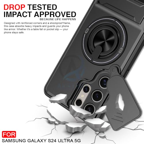 Image of AESTMO Samsung S24 Ultra 5G Back Cover | Armor Camera Slider 360 Degree Rotating Finger Ring Holder Case with Bracket Stand Back Case Cover (Compatible with MagSafe Accessories) (Black)