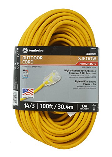 Southwire 14890002 1489SW0002 100ft 14/3 SJEOOW Polar/Solar St-ard Ext Cord, 100-Feet, Yellow