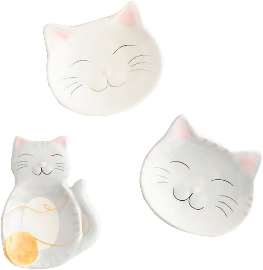 Cat Ceramic Tea Bag Holder - Cat Inspired Set Great as Tea Holders, Spoon Rest or Ring Dish - Coasters, Dipping Dishes or Mini Sauce Plate for Holidays, Birthdays, Christmas- Set of 3