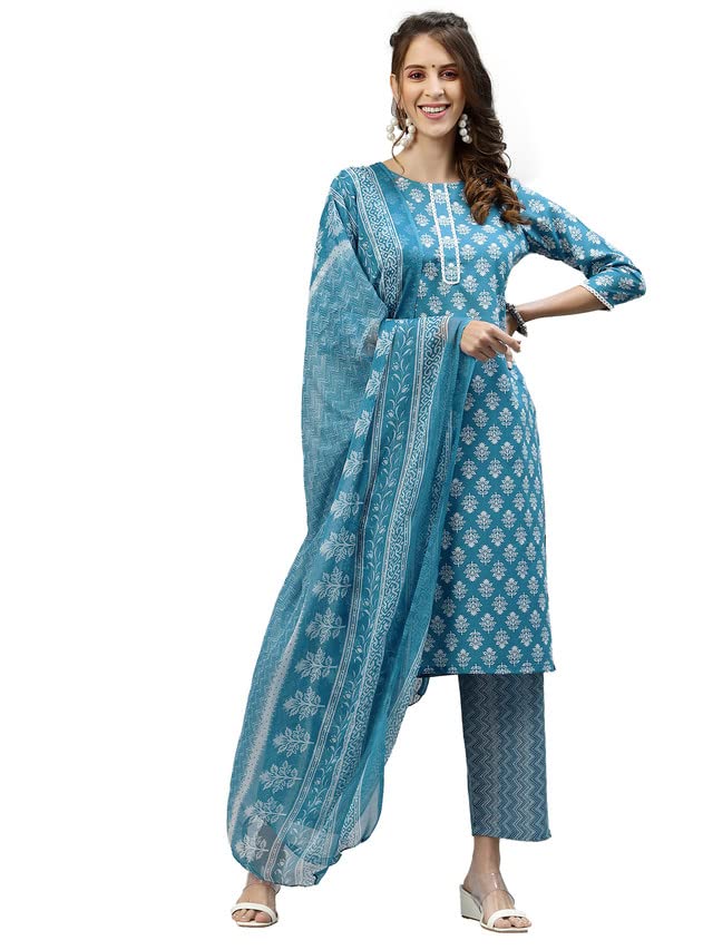 SKYLEEWomen's Printed Straight Kurta Set with Dupatta