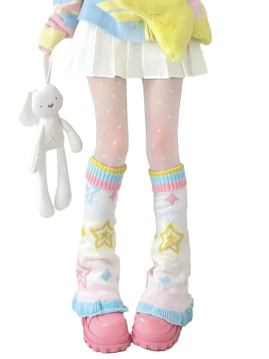 WODECASA Womens Leg Warmers Striped Star Pattern Knitted Y2k Punk Japanese Kawaii Streetwear Harajuku Knee High Leg Socks