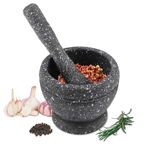 Mortero de Piedra con Maja, Mortero Cocina de Mano con Maza, mortero piedra Mortero con mazo de piedra Molienda de especias y hierbas Mortero de especias utensilios de cocina(Grano de granito negro)