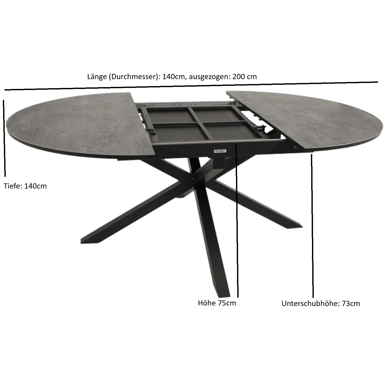 DEGAMO Gartentisch Ausziehtisch Lyon 140cm rund, ausziehbar auf 200cm, Aluminium anthrazit + ECP in Keramikoptik hellgrau, Outdoor
