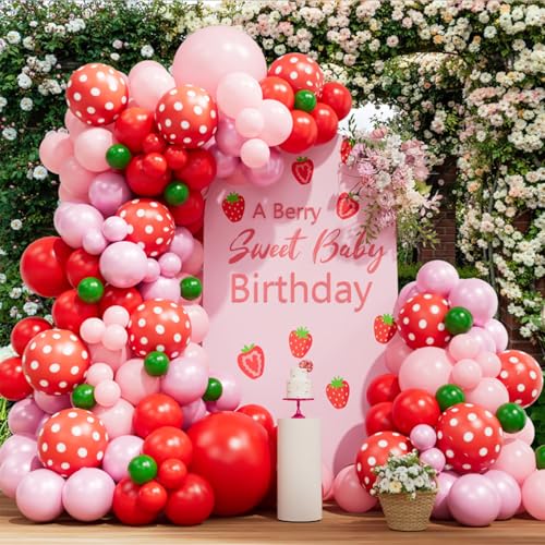 Image of Strawberry Balloon Arch Kit - 137pcs Red Pink and Light Pink Balloons with Strawberry Foil Balloons for Berry First Birthday Decor Sweet Girl Baby Shower Strawberry Shortcake Themed Party Decorations