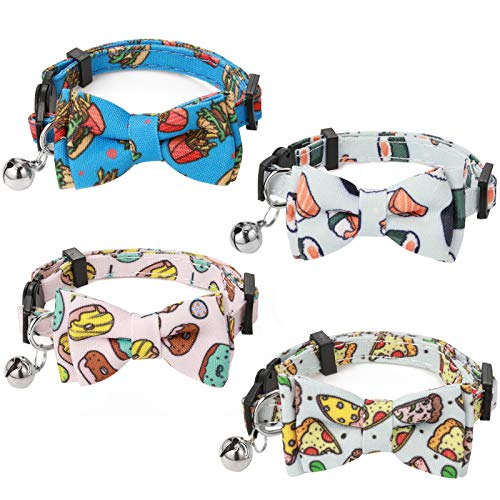 4 Pieces Breakaway Cat Collar Bowtie with Bell, 4 Styles Kitty Safety Buckle Kitten Collar Cat Collar with Removable Bow Tie Sushi Donut Pizza Hamburger Dog Cat Bow Tie Collar for Cat Kitten Puppy