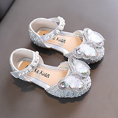Girls White Dress Shoes Fashion Spring and Summer Girls Sandals Dress Performance Dance Shoes Mesh Rhinestone Bow Hook (Silver-2, 11.5 Little Child)4