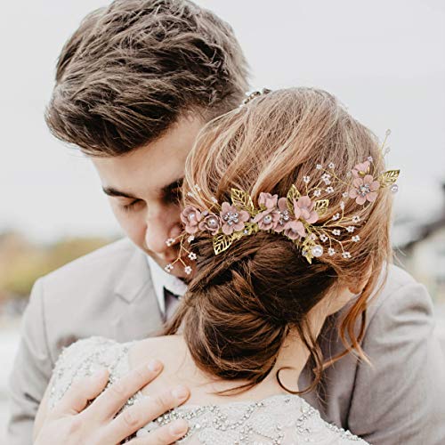 Nuobesty 4Pcs Wedding Handmade Fashion Hair Comb Set Floral Bridal Headpiece Hair Accessories Rhinestone Bridal Hair Comb Bridal Hair Pin Bride Wedding Hair Clip Wedding Dress Accessories ( Pink ) #TOP2