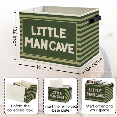 Image of Little Man Cave Boys Storage Bins Box with Handles, Olive Green Striped Boho Collapsible Basket Organizer for Kids Boys Playroom Nursery Room Bedroom Bathroom Books Clothes