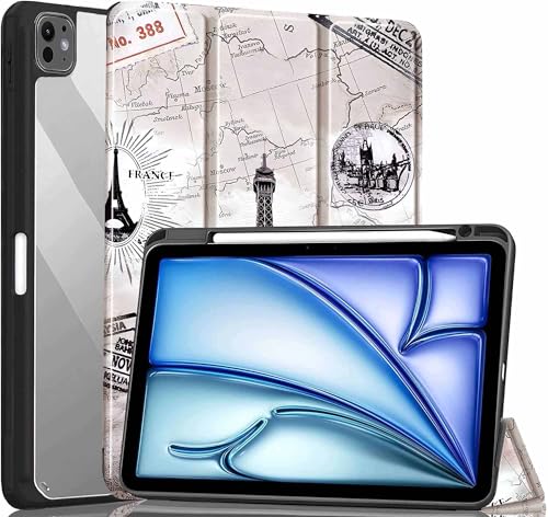 Image of ProElite Case for iPad Air 11 Inch M4 /M3 /M2 2026 /2025 /2024, iPad Air 10.9 inch 5th /4th Gen & iPad Pro 11 inch 4th /3rd Gen 2022 case Cover, Transparent Smart Flip Cover with Pencil Holder, Eiffel