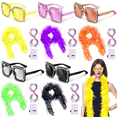 15 Pack Led Feather Boas For Adults Party Bulk Include 5 Pcs 2.2 Yard Chandelle Feather Boa 5 Pcs Led String Lights 5 Pcs Square Rhinestone Sunglasses Colorful Boas Halloween Christmas (Classic Color) #TOP15