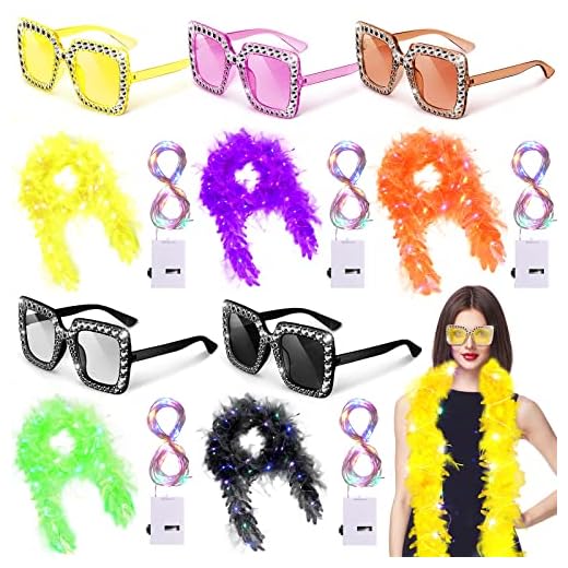 15 Pack LED Feather Boas for Adults Party Bulk Include 5 Pcs 2.2 Yard Chandelle Feather Boa 5 Pcs LED String Lights 5 Pcs Square Rhinestone Sunglasses Colorful Boas Halloween Christmas (Classic Color)