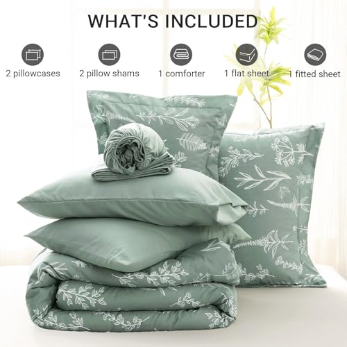 MUXHOMO Bed in a Bag Queen 7 Pieces, Sage Green Queen Comforter Set Reversible Botanical Flowers Design, Ultra Soft & Breathable Bedding Sets with Comforter, Sheets, Pillowcases & Shams - Image 6