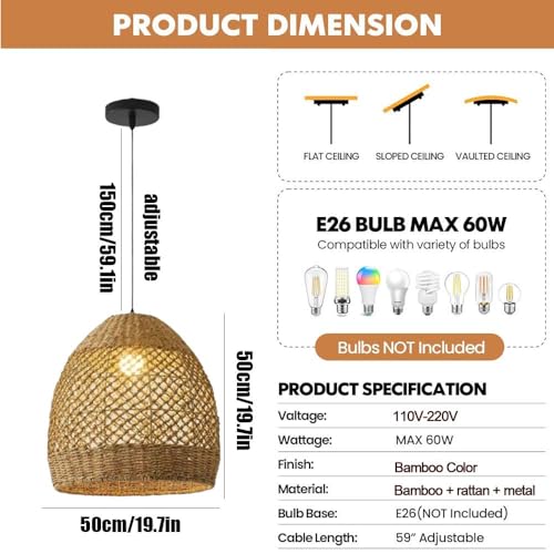 USMJQVZ Boho Rattan Pendant Light,Farmhouse Bamboo Pendant Lighting for Kitchen Island, Coastal Chandelier Wicker Light for Dining Room, Bedroom, Farmhouse Bar, Foyer Hallway - Image 2