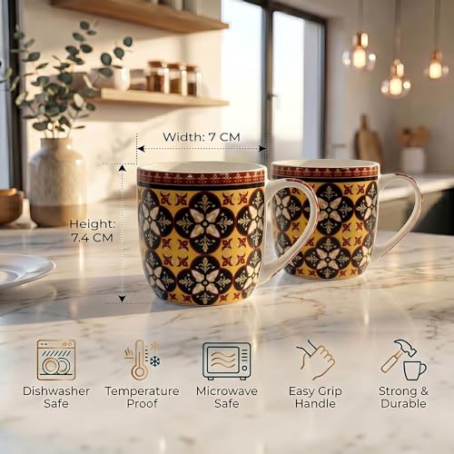 Image of UPC Coffee Mug Set of 6 | Golden Yellow & Black Mughal Floral Tile Print | Maroon Border Ethnic Medallion Pattern | Bone China Tea & Coffee Cups | Microwave Safe | Home & Kitchen