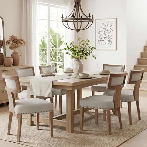 Image of HNY Mid Century Modern Dining Chairs Set of 6, Farmhouse PU Leather Upholstered Accent Chairs Curved Nailhead Trim Backrest Kitchen Chairs, with Hardwood Frame, Grey