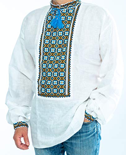 Shirts For Men Ukrainian Vyshyvanka Men's Embroidered White Blue Brown Shirt Linen Wedding (3X-Large) #TOP2
