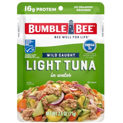 Image of Bumble Bee Chunk Light Tuna in Water, 2.5 oz Pouch | Wild Caught Tuna, Ready to Eat, 16g Protein per Packet, Non-GMO, Gluten Free, Kosher, MSC Sustainable Seafood