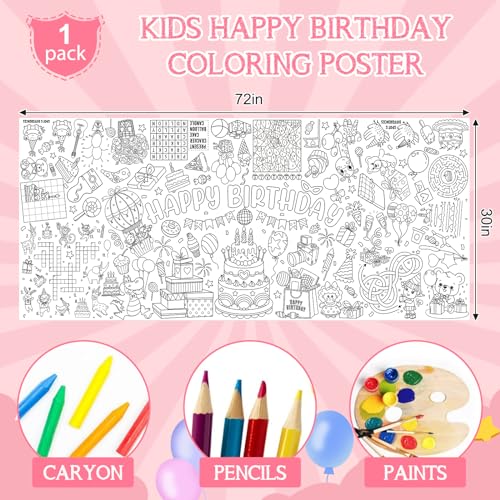 Image of Happy Birthday Giant Coloring Poster for Kids 30x72 Inch, Birthday Large Coloring Poster Tablecloth, Birthday Themed Color-in Activities Games for Kids School Classroom Home Party Supplies Decorations