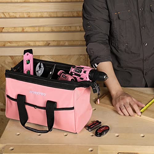 Workpro 13-Inch Tool Bag, Pink Soft Cloth Tool Storage Bags, Wide Mouth Tool Tote Bag With Inside Pockets - Pink Ribbon #TOP7
