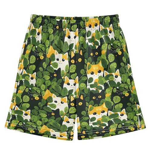 ALAZA Cat Kitten Green Leaves Boys Athletic Shorts Casual Shorts with Pockets Bottom Pants Summer Athletic Running Shorts 9-10 Year