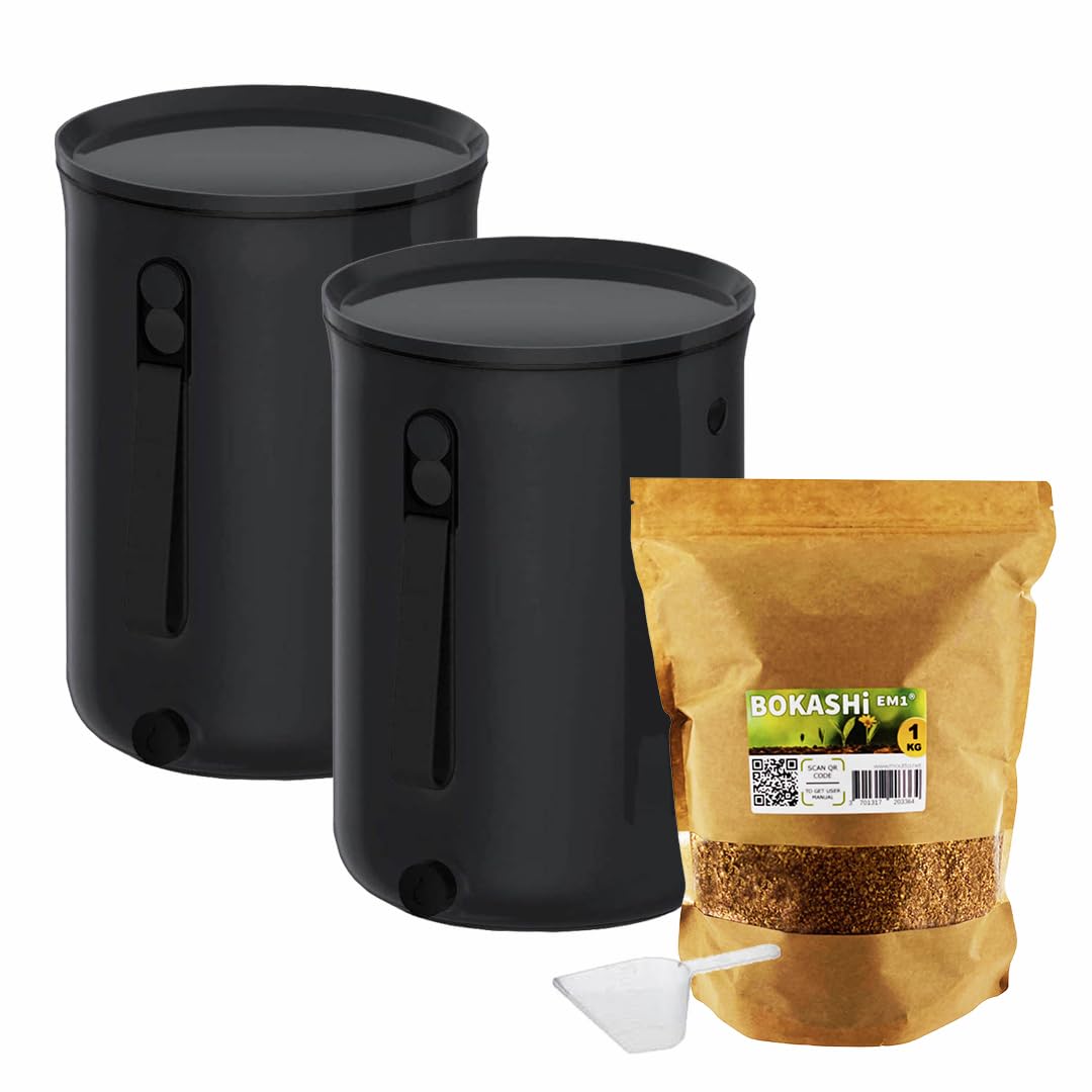 Set de 2 Cubos Bokashi Organko 2 Negro (9,6L) | Compostador orgánico con compactador + 1 kg de Activador de Fermentación EM-1