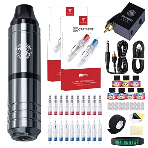 Dragonhawk Atom Mg3 Rotary Wireless Tattoo Pen Machine Kit 1,300 mAh Capacity Battery Extereme Tattoo Cartridges Needles 7 Boxs Color Inks Disposable Grips 500DC(Atom MG3-Wireless)