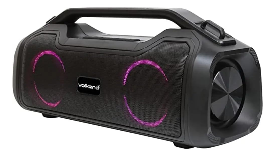 Side view of Volkano VKX-3000-BK speaker with purple LED lights