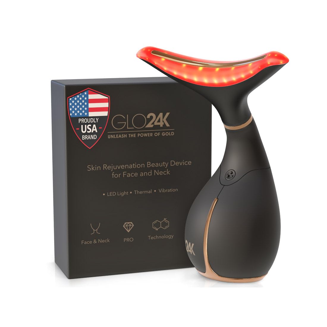 GLO24K Red Light Face & Neck Beauty Device – 3-in-1 Facial Massager Tool with LED & Vibration for Skin Revitalization and Neck Firming