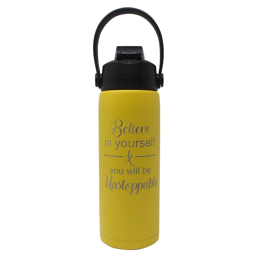 Believe in yourself & you will be Unstoppable - Aquatix Motivational 21oz Sports Bottle (Lemon Yellow), Pure Stainless Steel Double Walled Insulation - Keeps Drinks Cold 24 hr/Hot 6 hr