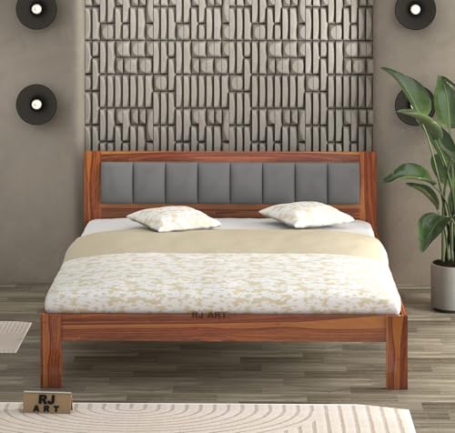 Image of Sheesham Wood Queen Size Bed Without Storage | Wooden Double Bed Cot Palang for Bedroom Furniture | Palang Double Bed for Hotels (DIY- Customer Side Self Assembly) 1 Year Warranty - Honey