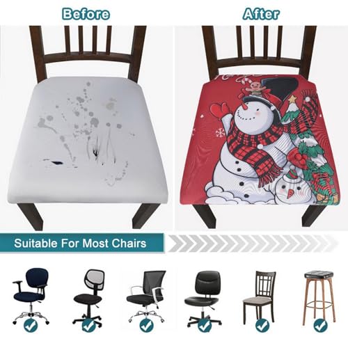 Image of SearchI 6 Pack Christmas Seat Covers for Dining Room Chairs Stretch Printed Xmas Chair Seat Covers, Removable Upholstered Chair Seat Protector for Christmas Decoration, Kitchen (Christmas Snowman)
