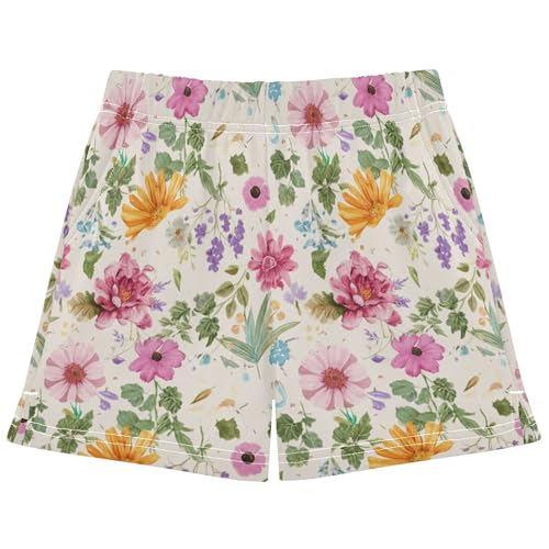 Girls Lounge Shorts Floral Colorful Flowers Print Beige Comfy Summer Athletic Pajama Teens Kids Clothes, X-Small