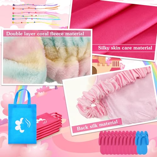 Suhine 6 Sets Girls Spa Birthady Party Supplies Birthday Print Satin Robe Tote Bags Spa Kit Nail Salon Kit(Blue, Rose Red)4