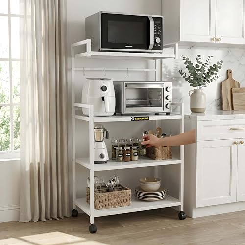 Image of 4-Tier Microwave Oven Stand with Wheels | Heavy-Duty Metal Kitchen Storage Rack for Microwave, OTG, Air Fryer & Appliances | Multipurpose Organizer Trolley (MS 4 White)