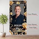 Personalized Happy Birthday Door Banner Custom Photo Birthday Photography Background Decorations Party Supplies for Women Men (Black and Gold) - Image 2