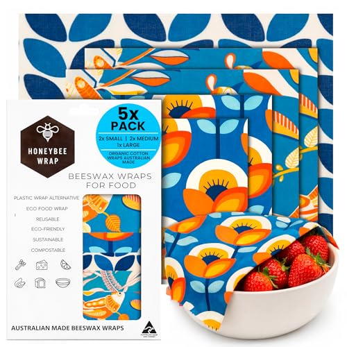 Honeybee Reusable Beeswax Wraps for Food (5 Pack)