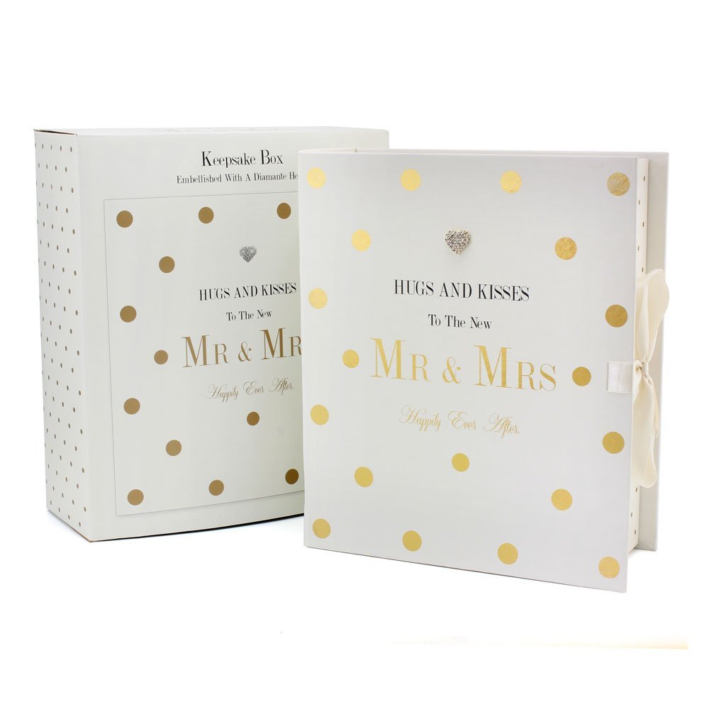 Mad Dots 'Hugs And Kisses To The New Mr And Mrs' Keepsake Gift Box. Embellished With A Diamante Heart. Large 33 X 17 X 33Cm
