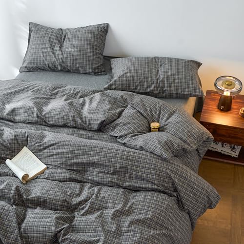 Image of EAVD Vintage Style Grey Plaid Gingham Duvet Cover Twin 100% Washed Cotton Like Linen Feel Soft Grid Plaid Bedding Set with 2 Pillowcases Farmhouse Grid Geometric Pattern Duvet Cover with Zipper