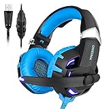 Computer Gaming Headset 7.1 Surround Stereo Sound USB Computer Gaming Headset with Microphone, Volume Control and LED Light for PC MAC Computer Laptop (Blue)