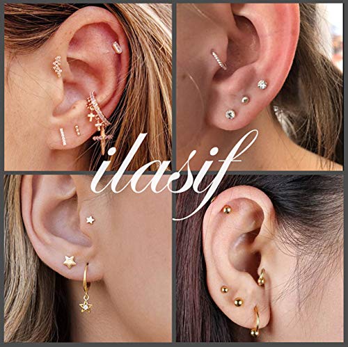 Sterling Silver Stud Earrings Set - 4 Pairs Small Ball, Triangle, Round CZ, Bar Studs - Hypoallergenic Cartilage 14K (3mm2&5mm2)4