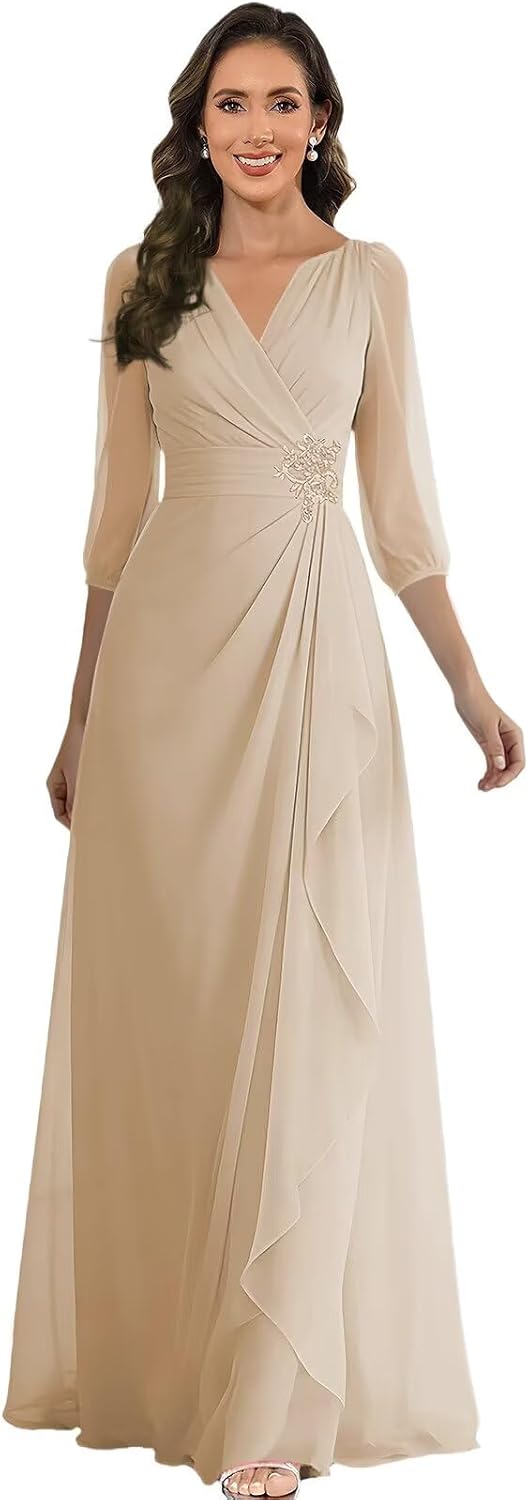 jdoiweidm 3/4 Sleeve Chiffon Mother of The Bride Dresses V Neck Ruffle Formal Evening Gown for Women
