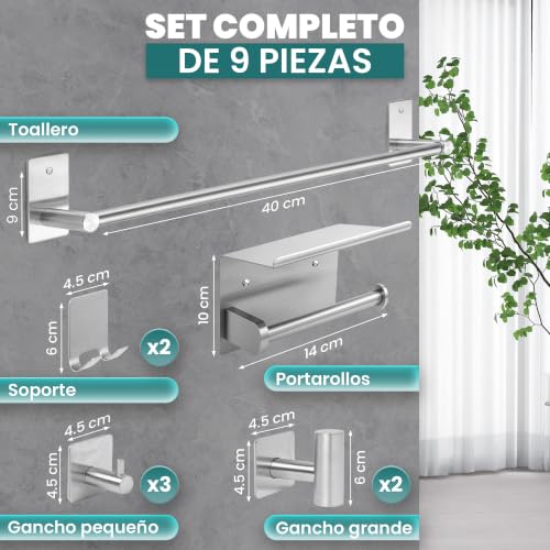 Set de 9 accesorios de baño de acero cepillado sin taladro con toallero y portarrollos 4