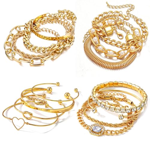 15 Pcs 14K Plated Gold Bracelets Set for Women, Multiple Layered Stackable Open Cuff Bangle, Adjustable Cuban Link Chain Tennis Bracelet Pack, Dainty Classic Aesthetic Jewelry