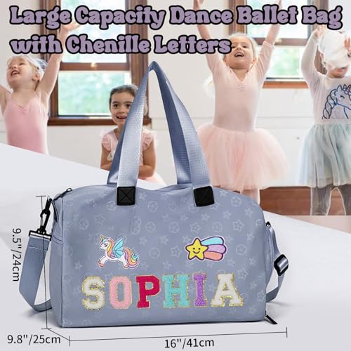 Personalized Kids Dance Ballet Bag, Large Capacity Dance Bag with Chenille Letter, Sport Duffle Bag with Shoe Compartment, 16"×9.5"×9.8", Girl Dance Duffle Bag, Pink Cheerleader Bag, 4-8 Kid Dance Bag2