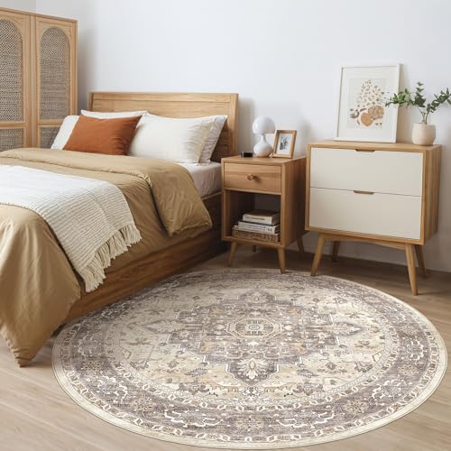 Round Rug Living Room Rugs: 8Ft Washable Boho Neutral Large Circle Soft Indoor Floral Stain Resistant Floor Farmhouse Carpet for Bedroom Nursery Kids Playroom Office Dining Room Dorm Home- Beige Brown