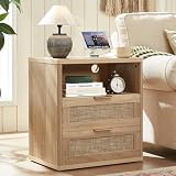 LEYAOYAO Rattan Night Stand with Charger Station, 23' Wide Boho Nightstand with 2 Drawers, Natural Wood Bedside Table Open Storage Cabinet, Bed Side End Tables Dresser for Bedroom, Living Room Hallway