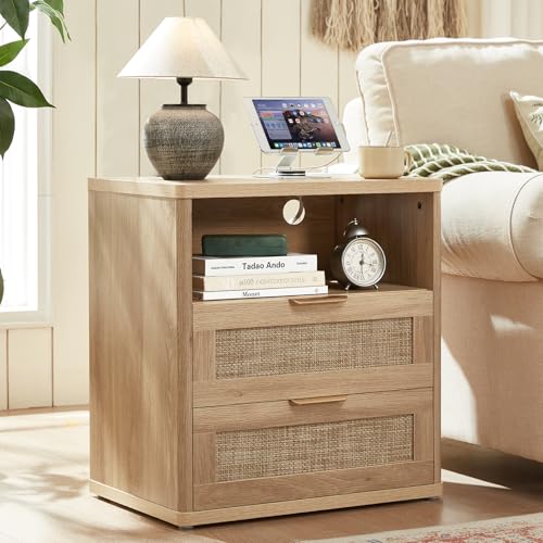 LEYAOYAO Rattan Night Stand with Charger Station, 23" Wide Boho Nightstand with 2 Drawers, Natural Wood Bedside Table Open Storage Cabinet, Bed Side End Tables Dresser for Bedroom, Living Ro
