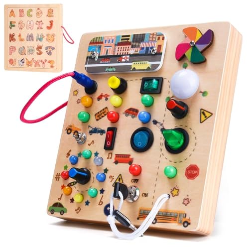 NauotK Planche Montessori, Busy Board en Bois pour Bébé 3+ Ans, Activity Board avec 19 Lumiere, Motricité Bébé Jouet Educatif Sensoriel, Voyage Portable Tableau d’activité Cadeau pour Garçons & Filles
